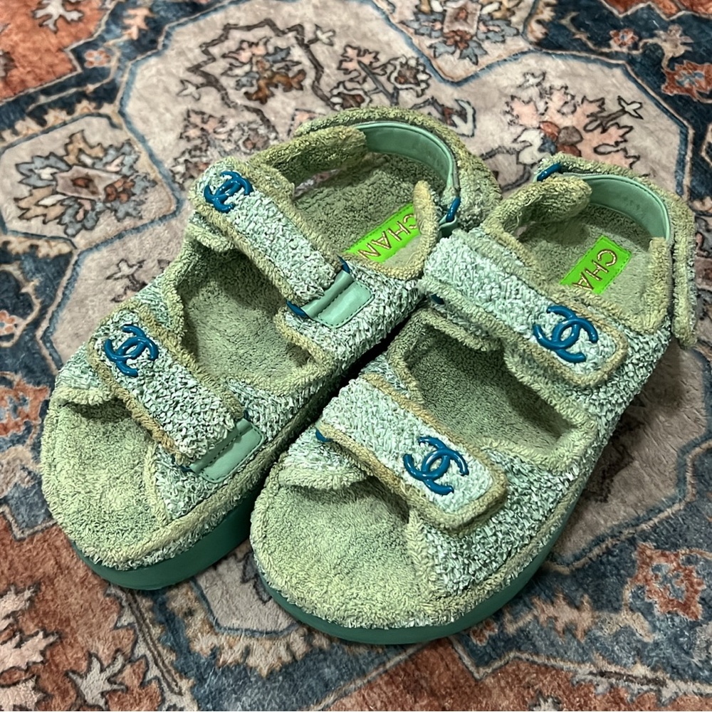Chanel Green Fabric and Nylon Dad Slingback Sandals Size 38